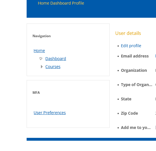 MFA  "User Preferences" box on user profile page.